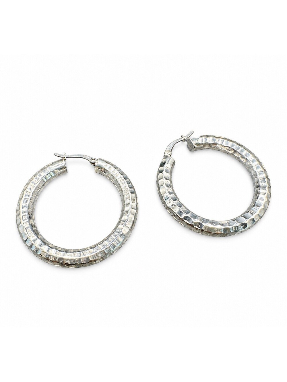 JCM 925 Sterling Silver Textured Faceted Hoop Earrings 6.2g Round Hoops